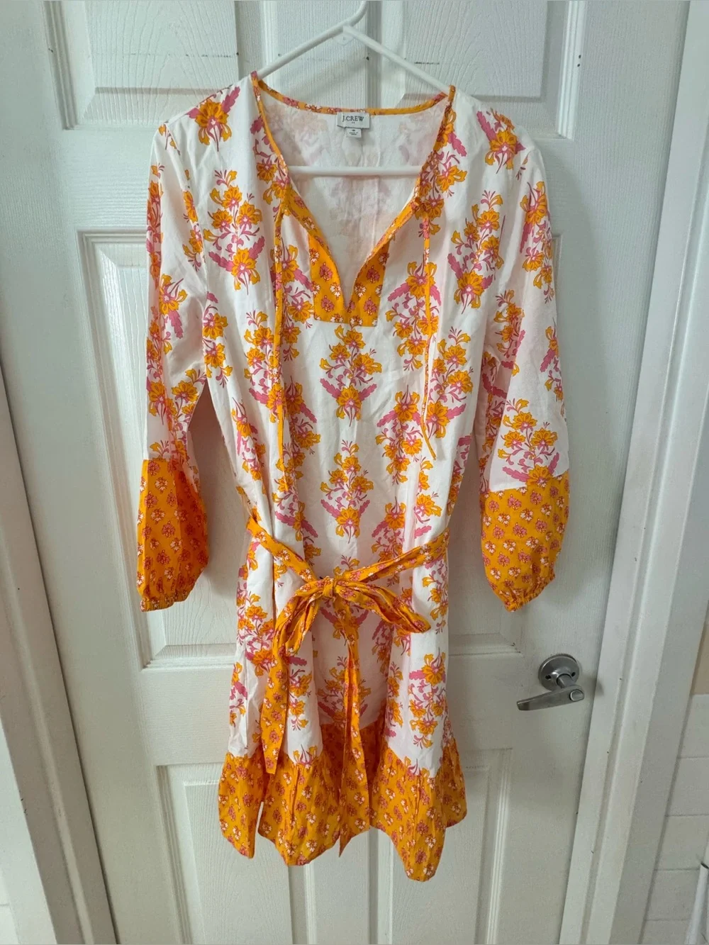 J. Crew Yellow & Pink Floral Tie-Waist Cotton Dress